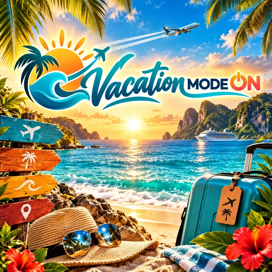 Illustrative tropische Urlaubsszene mit Meer, Palmen und dem Vacation-Mode-On-Logo